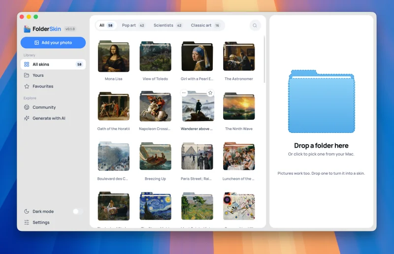 FolderSkin app with a gallery of art-inspired folder icons and a folder preview