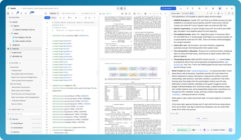 Oleafly workspace with a LaTeX editor, PDF preview, and research assistant