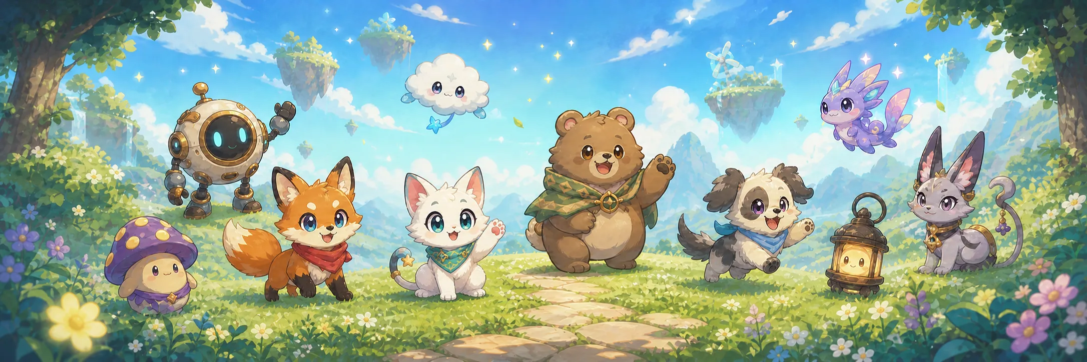Peekling characters gathered among flowers and trees beneath a bright sky